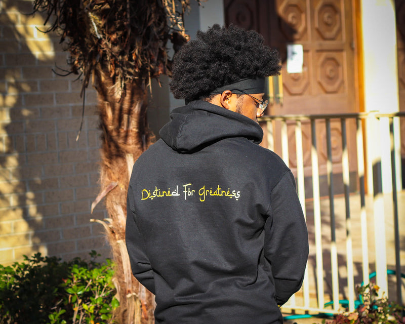 Back of Maktoob Arabic Hoodie with Destined for greatness written