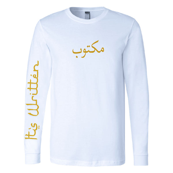 White Arabic Longsleeve Maktoob Shirt مكتوب (Gold or Black Logo)